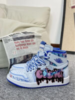 [Custom White Noise, Blue Notes ] Air Jordan 1 High - Top Skateboarding Shoes Unisex White/Blue - Image 6