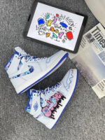 [Custom White Noise, Blue Notes ] Air Jordan 1 High - Top Skateboarding Shoes Unisex White/Blue - Image 8