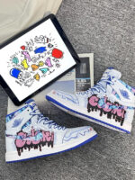 [Custom White Noise, Blue Notes ] Air Jordan 1 High - Top Skateboarding Shoes Unisex White/Blue - Image 9