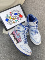 [Custom White Noise, Blue Notes ] Air Jordan 1 High - Top Skateboarding Shoes Unisex White/Blue - Image 10