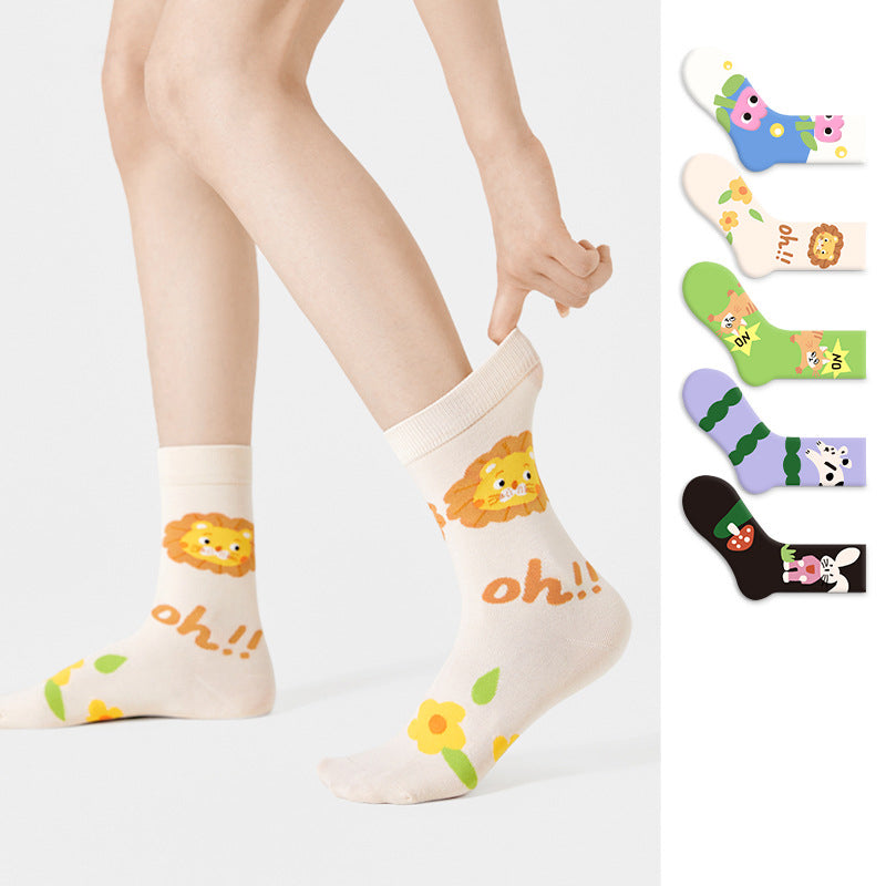 2_1.jpg Cotton Socks Women Spring Middle Tube Socks Cute Cartoon Spring And Autumn Ladies Long Socks 5 Pairs( Size 35-42) - Image 1