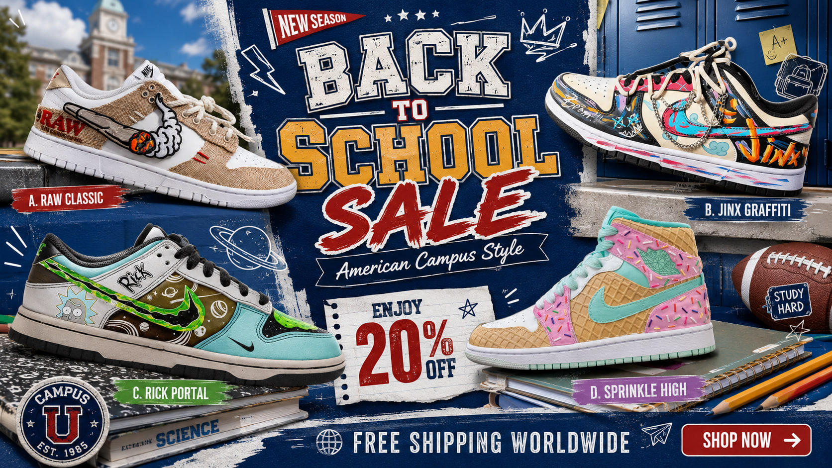 Back to School Sale - American campus style custom sneakers, 20% off